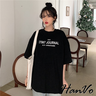 【HanVo】寬鬆1987字母印花親膚T恤 舒適棉質透氣百搭中長版上衣 簡約日常T 女裝 女生衣著 A01-0043
