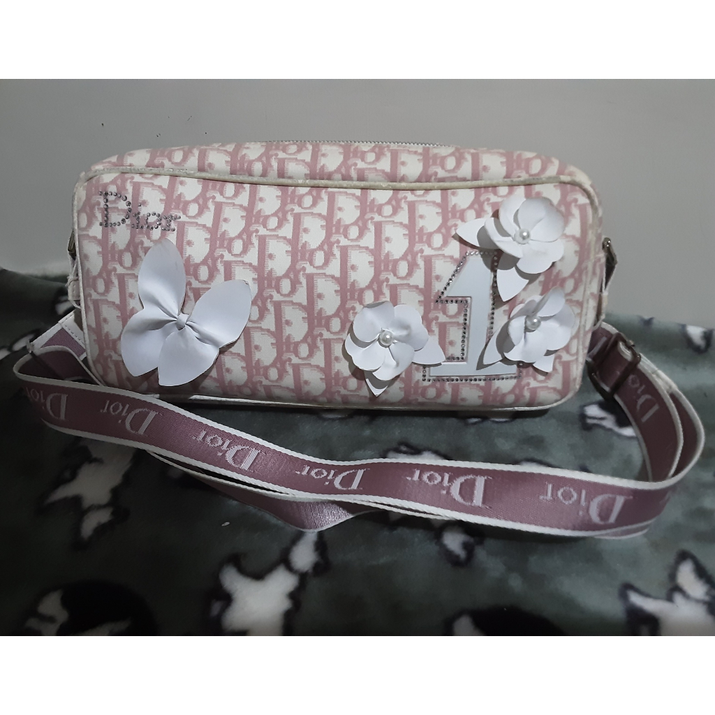 Dior 迪奧 粉紅色 緹花包 側背包 斜背包 小方包 數字包 水鑽 花朵 限量 刺繡 針織 二手真品 正品 經典款