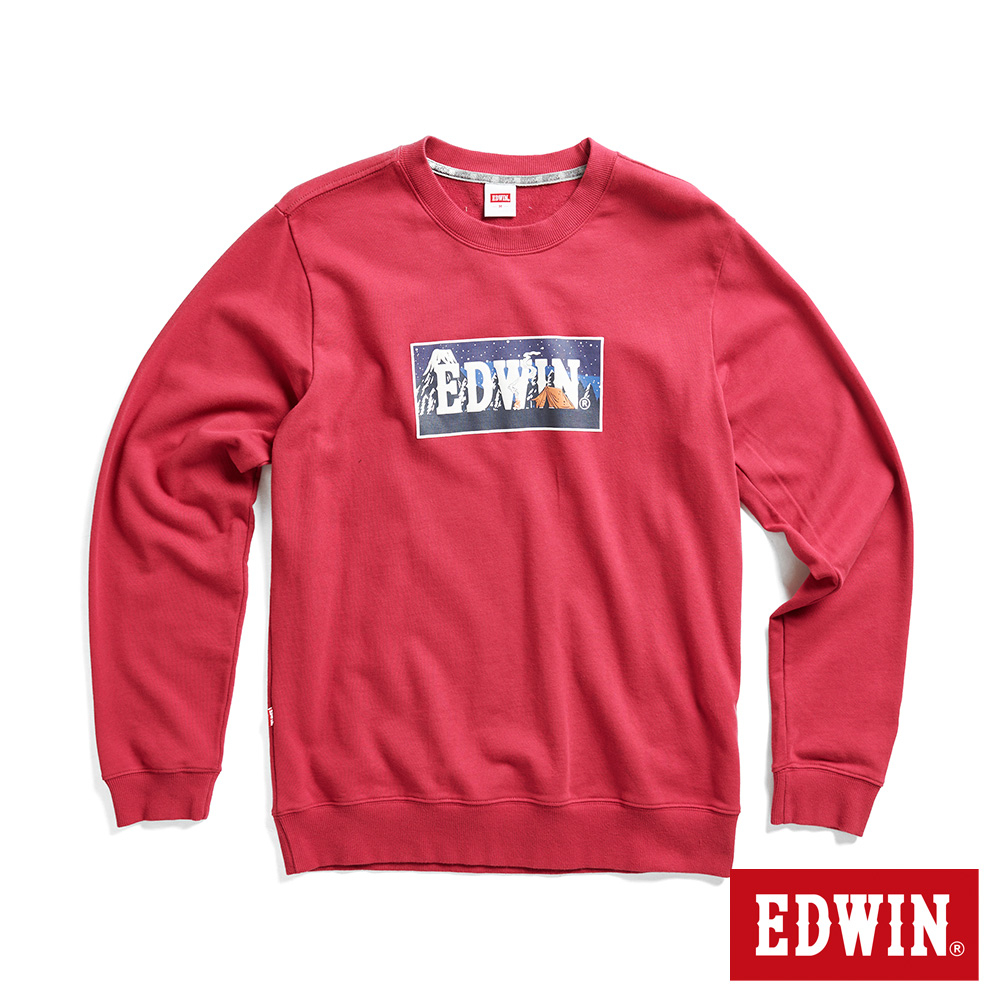 EDWIN 露營系列 富士山營地BOX LOGO厚長袖T恤(暗紅色)-男款