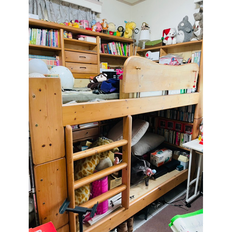 「二手誠可議」實木3.5尺側邊書架收納 兒童雙層床(不含床墊)雙北含運送組裝 可拆成兩組獨立單人床 附床頭書櫃