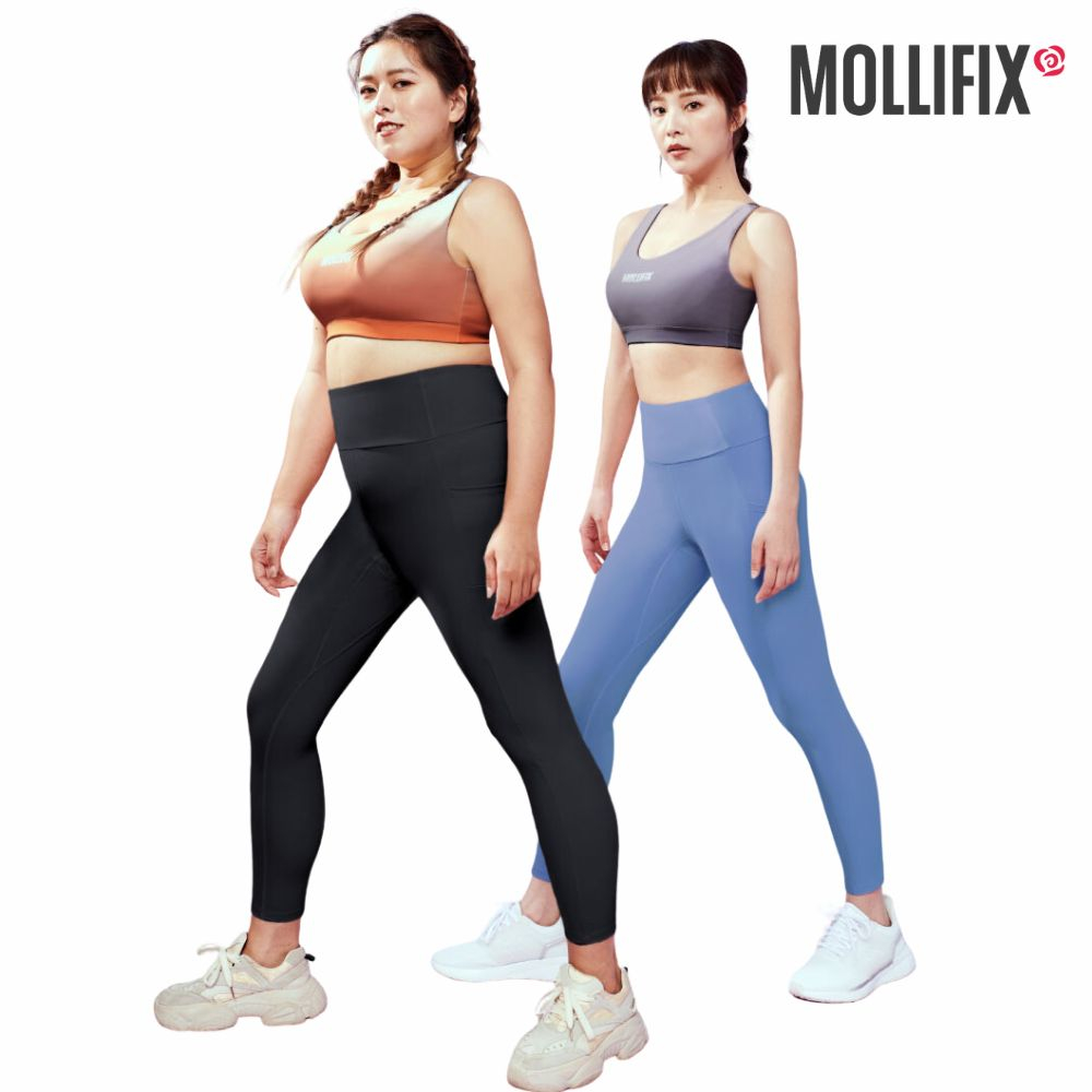 Mollifix 瑪莉菲絲 中高腰側修飾訓練褲 (黑/霧紫藍) 抗菌銀纖維系列、瑜珈服、Legging