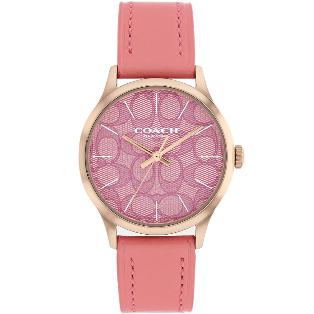 【COACH】RUBY粉桃紅X玫瑰金X粉紅滿版LOGO錶盤皮革皮帶手錶