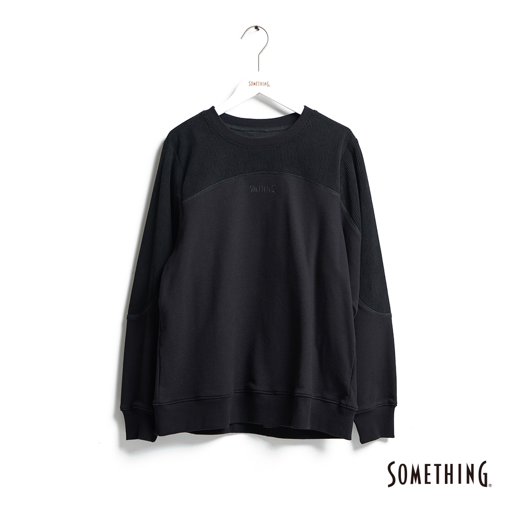 SOMETHING 燈芯絨拼接設計厚長袖T恤(黑色) -女款