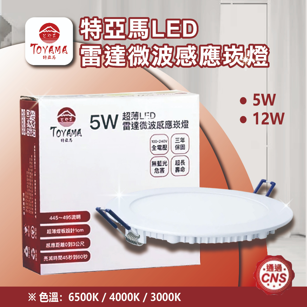 【登野企業】特亞馬 超薄LED雷達微波感應崁燈 5W 9.5cm /12W 15cm