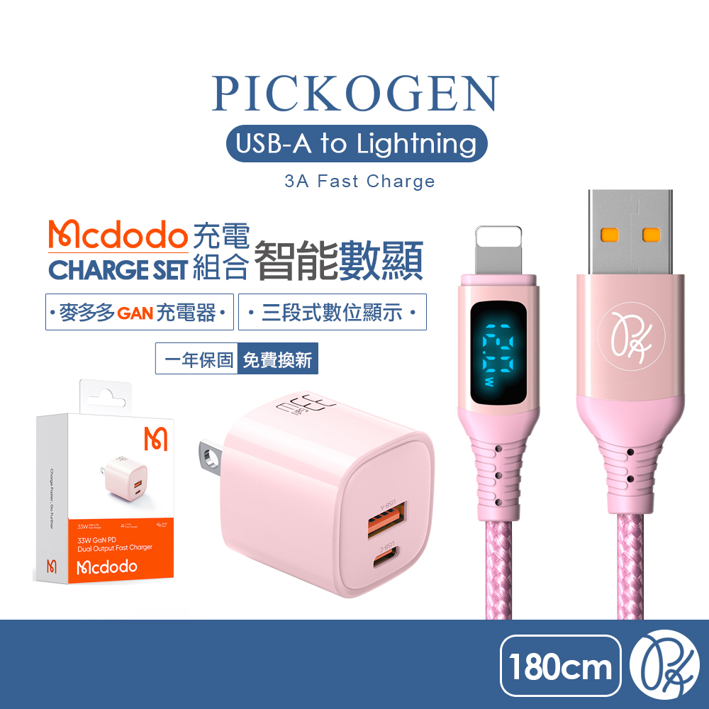 PICKOGEN 皮克全 iPhone充電傳輸線快充充電頭 VAW數顯 GaN氮化鎵充電器組合(粉) 1.8M 麥多多