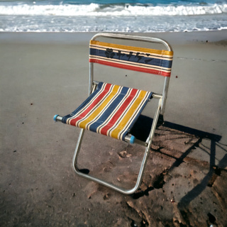 日本帶回 昭和時期 帆布直條 可靠背折疊童軍椅