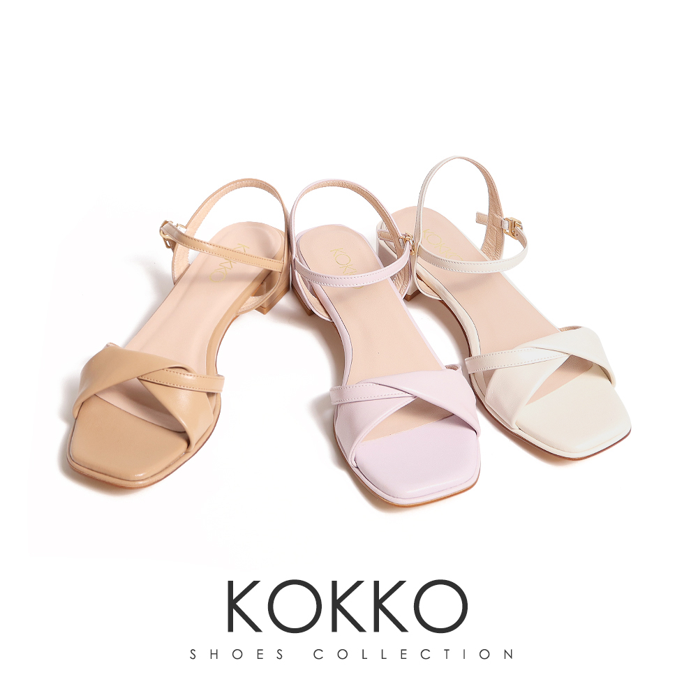 KOKKO甜美扭結一字帶綿羊皮低跟涼鞋