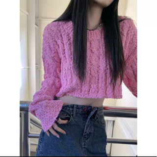 [二手] (現貨) 韓版寬鬆短版長袖毛衣 粉色毛衣 粉色長袖短版上衣
