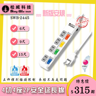 【松威科技】SWB-2445 臺灣製造 4切4座2P安全延長線6、9、15尺 180度轉動平貼式插/自動斷電保護