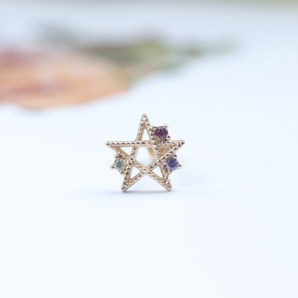 14K Diamond Star Piercing 鑽石星星鎖珠耳環 (單個)K金 轉珠
