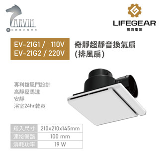 《樂奇》EV-21G1 / EV-21G2 奇靜超靜音換氣扇(排風扇浴室通風扇) 雙葉全閉式擋風門 高靜壓馬達