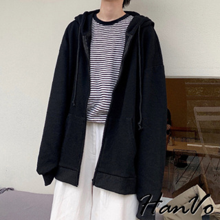 【HanVo】男款寬鬆基本素色連帽外套 透氣舒適親膚拉鍊外套 日常百搭韓系男裝 男生衣著 B8002
