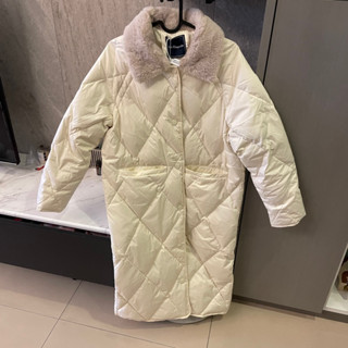 全新 La Chapelle white down jacket 90白鴨絨拉夏貝爾獺兔毛領白色菱格紋長版羽絨服外套大衣