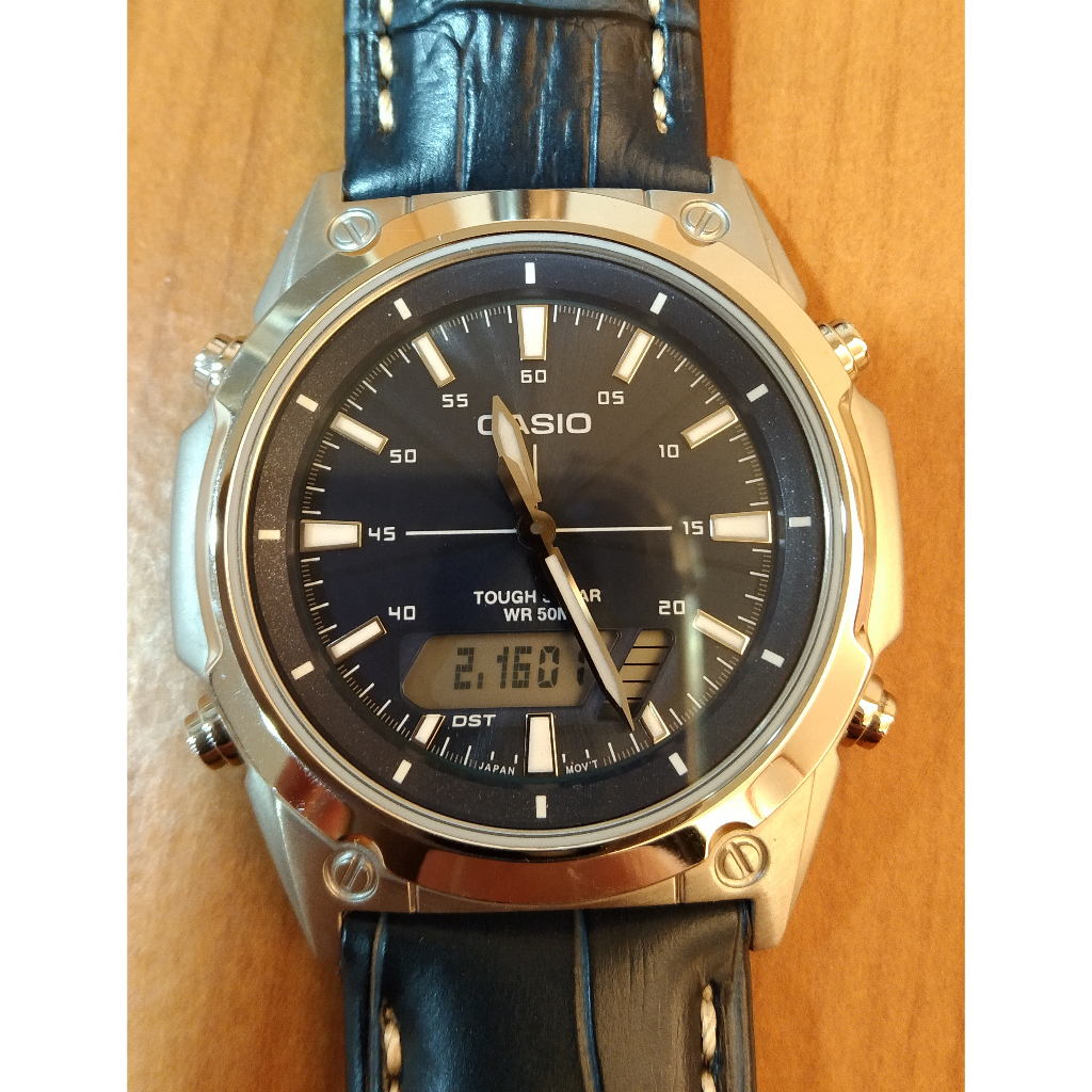 (二手)CASIO 卡西歐 AMW-S820L-2A 指針男錶 皮革錶帶 藍 錶面 藍 太陽能 防水