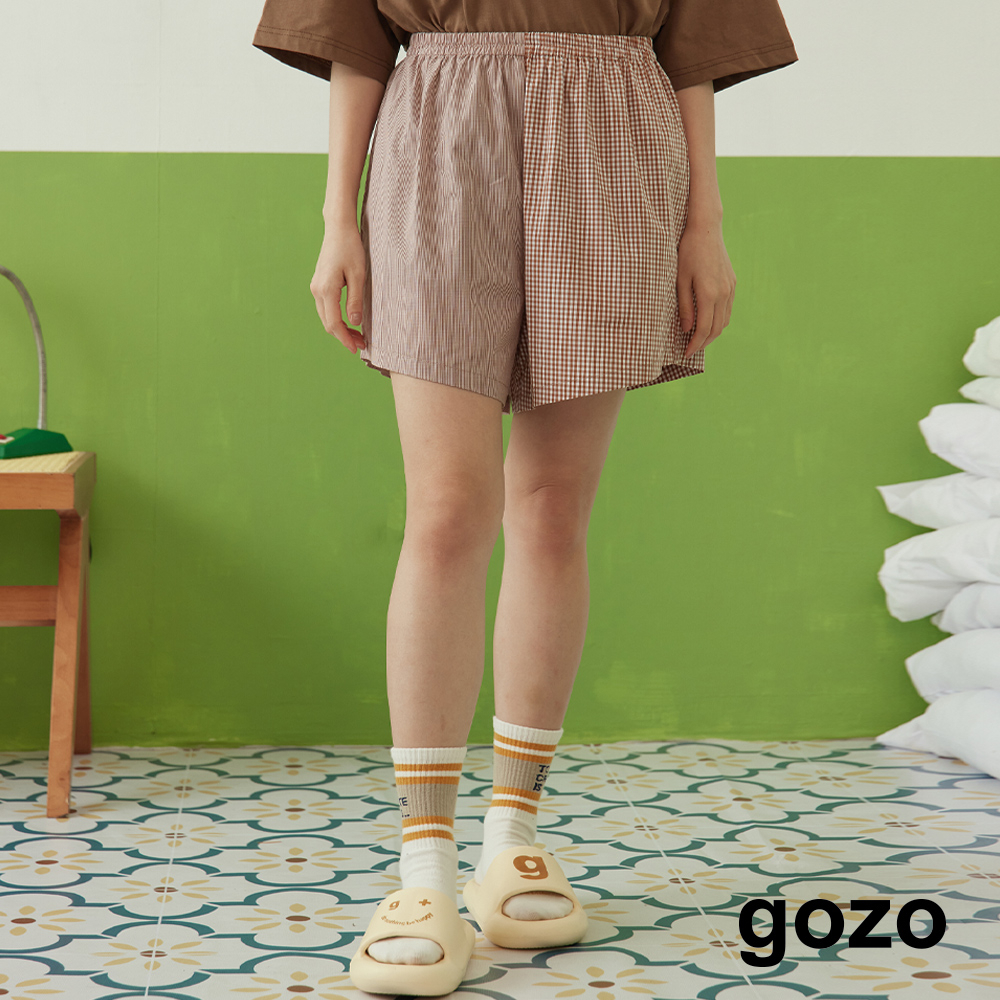 【gozo】◢g+微笑拼接格紋短褲(淺灰/深咖_F) | 純棉 修身 休閒