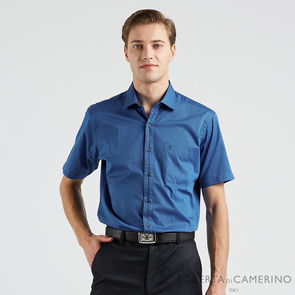 【ROBERTA諾貝達】 奧地利素材 台灣製 純棉合身版 商務型男短袖襯衫 RCF28-37藍