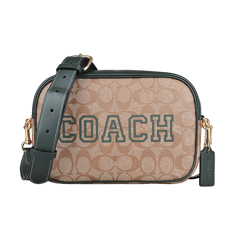 COACH Jamie 字母LOGO 緹花PVC拉鍊斜背相機包(卡其x亞馬遜綠)