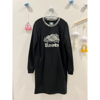[二手］Roots 迷彩LoGO長袖洋裝 長版上衣 毛巾布