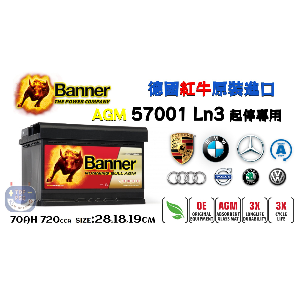 紅牛Banner AGM 70ah LN3 57001起停電瓶BMW Benz Audi福斯PORSCH楊梅電池德國製