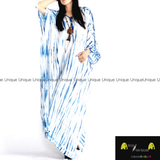 Unic＠泰國進口藍染洋裝『🌳TD228透氣棉麻＿一字肩線＋手工綁染＿❄️超涼感❄️洋裝』～波希米亞風 植物染 洋裝
