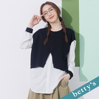 betty’s貝蒂思(21)假兩件開衩條紋長袖上衣(黑色)