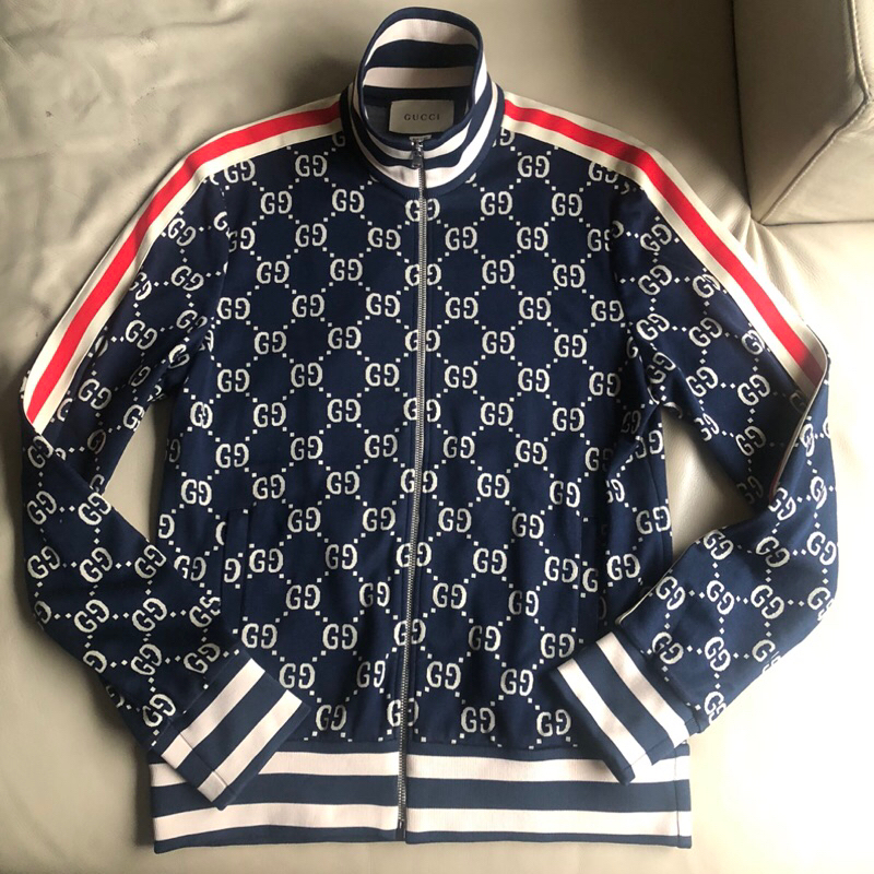 保證正品 GUCCI 藍色 經典滿版logo 立領 外套 夾克 size M