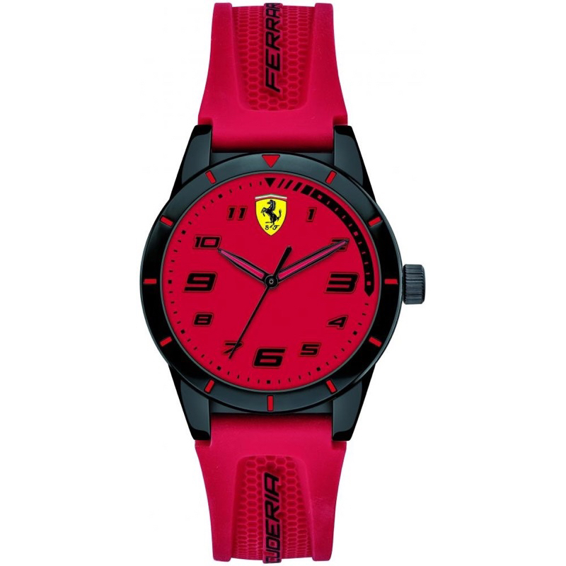 「快速出貨」台灣 Ferrari 正品法拉利原廠公司貨，黑色錶盤防水手錶防水50M- 紅色矽膠舒適錶帶