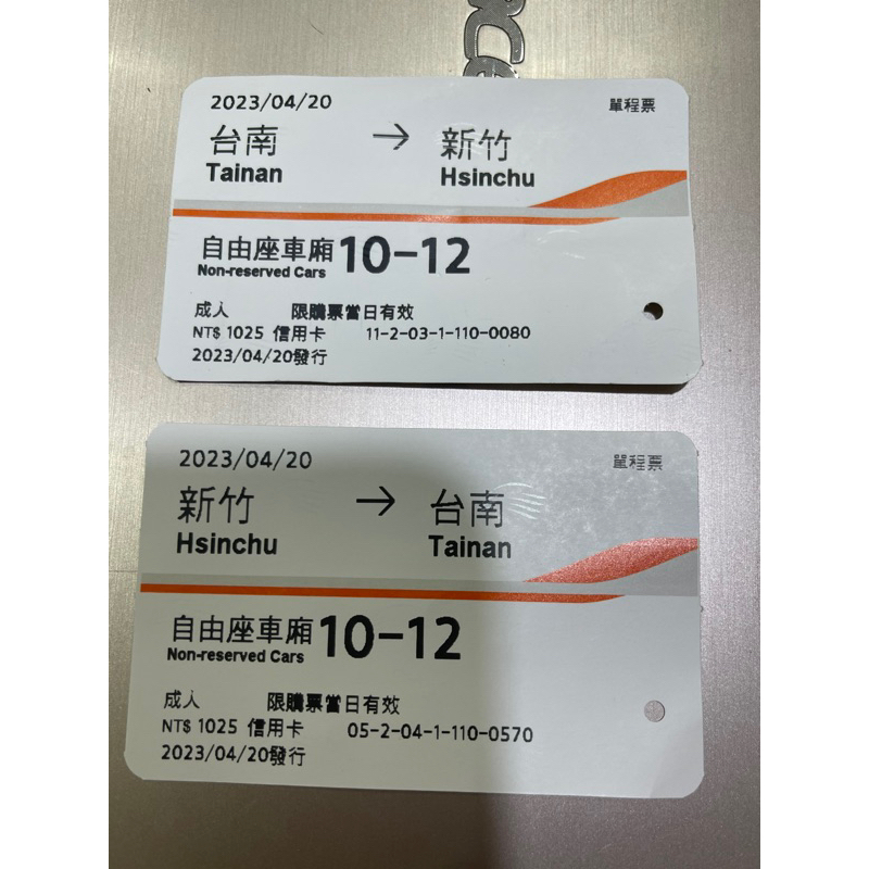 高鐵票根 4/20台南到新竹，4/20新竹到台南收藏用，另有新竹跟台南的計程車收據