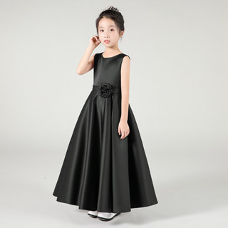 新竹金奇童裝兒童現貨長款女童公主裙禮服黑色緞面長裙鋼琴表演服音樂演奏-5