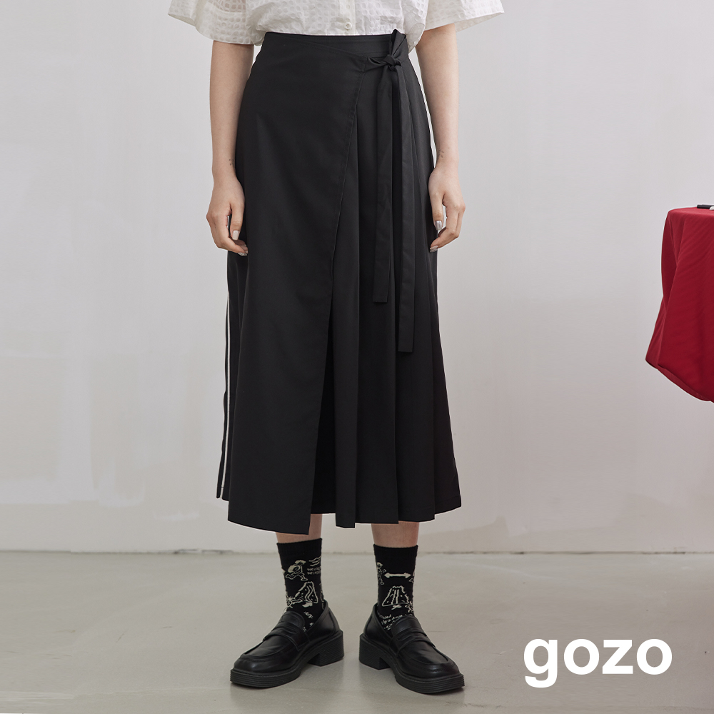 【gozo】半百褶綁帶造型寬褲裙(黑色/綠色_F) | 女裝 修身 百搭
