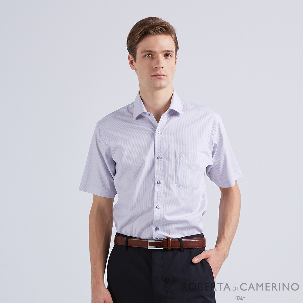 【ROBERTA諾貝達】 商務襯衫 進口素材 修身版 經典條紋 簡約款短袖襯衫 RCJ03-26 白紫