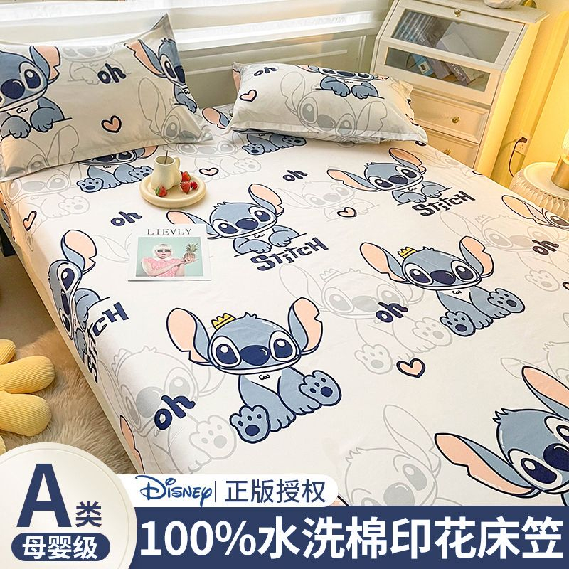 【Ahchen】Disney迪士尼水洗棉床包組  草莓熊 印花床包組 雙人床包 單人 卡通床包 三件組附枕套 史迪奇