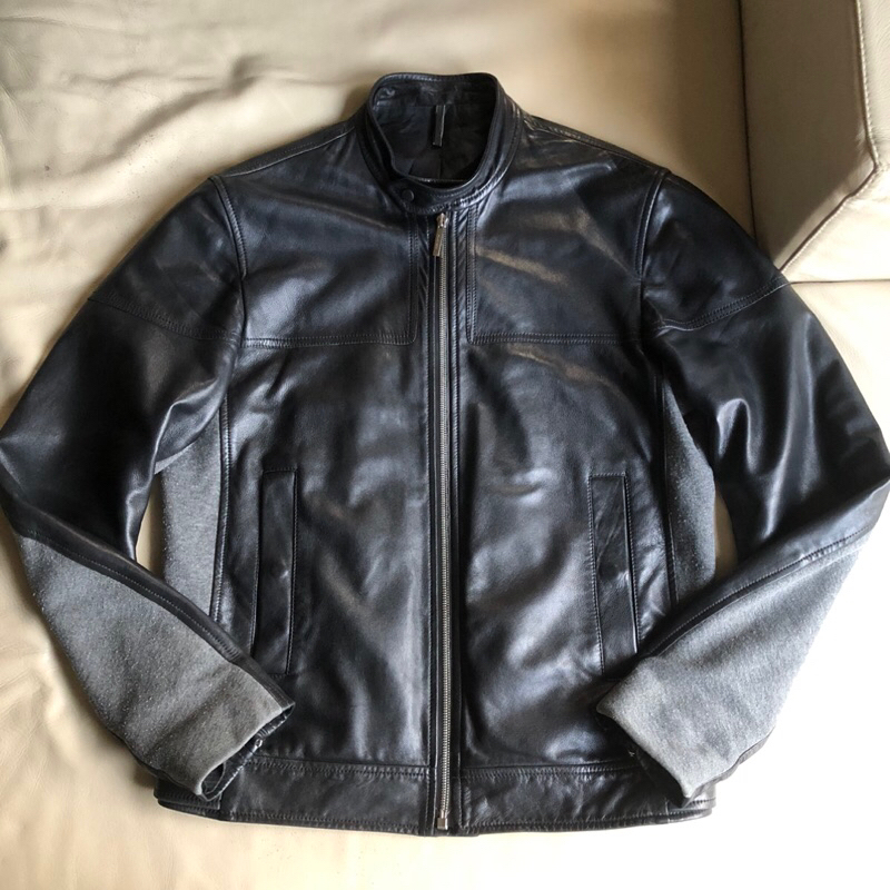 保證正品 Dior Homme DH 黑色 雙材質拼接 皮夾克 皮衣 皮外套 size 48