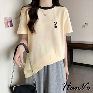 【HanVo】小兔兔可愛印花純棉上衣 透氣親膚厚挺顯瘦百搭 日常短袖上衣 韓國女裝 女生衣著 A01-0030