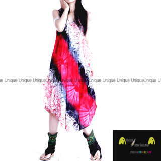 Unic＠泰國進口異國風🌳植物染洋裝『TD249紅黑花朵超涼中長不規則下擺＿背心洋裝』波西米亞風 顯瘦 中長洋裝