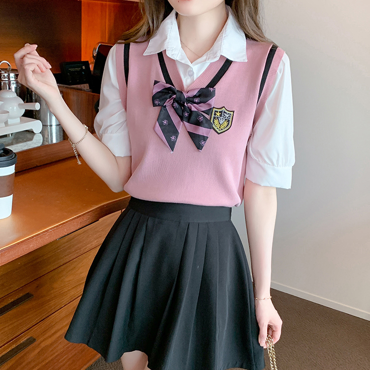 衣時尚 短袖上衣 短版T恤 針織上衣S-XL韓版學院風假兩件襯衫領針織馬甲氣質短款襯衣上衣T430-5906 ES11