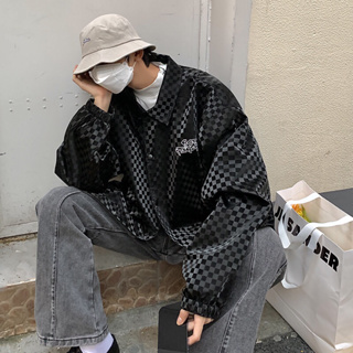 VIBE風嘻哈街頭個性字母印花外套 夾克 教練外套 格紋外套 棋格外套 韓國男裝 韓系男裝 韓國男生外套