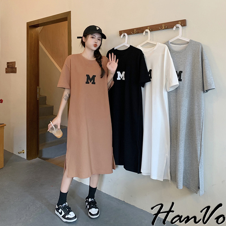 【HanVo】歐美M字母休閒長洋裝 韓版休閒寬鬆藏肉修身顯瘦連衣裙 短袖 短袖上衣 韓系女裝 女生衣著 A06-3650