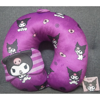 正版﹝Sanrio﹞授權※Kuromi美樂蒂&庫洛米※二件式【酷洛米香水草紫色馬啼型/扣環造型】絨毛頸枕+眼罩組