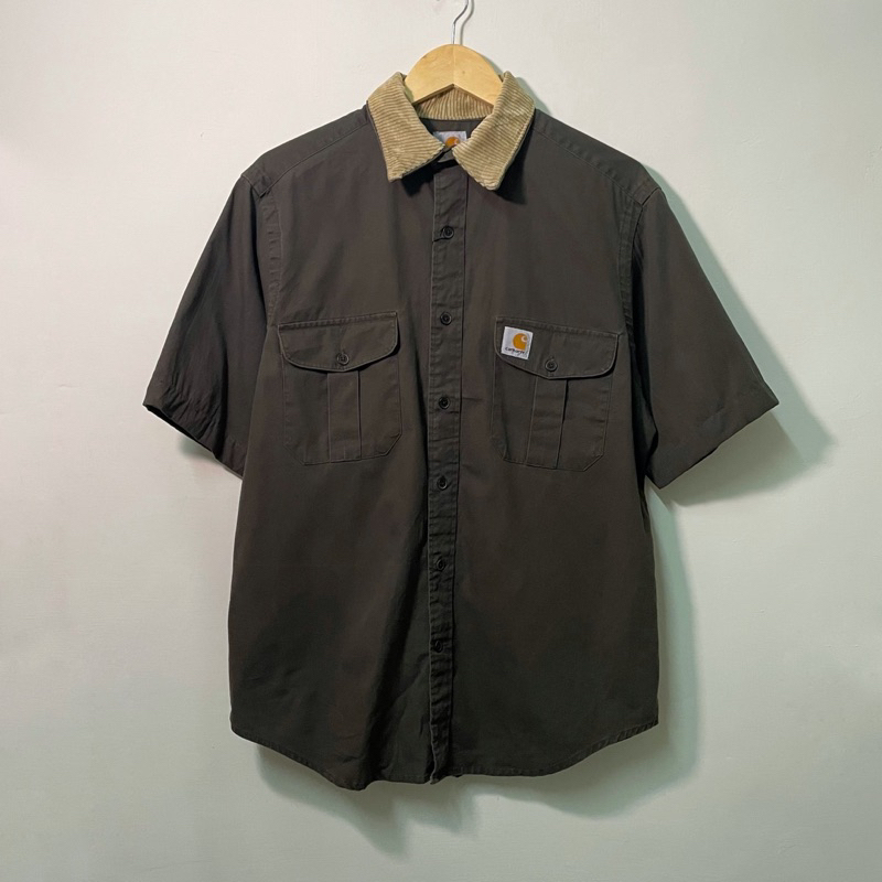 古著 carhartt 軍綠色拼領短袖襯衫 BAR06 remake 良吉古著