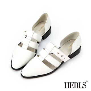HERLS低跟鞋 全真皮魚骨鏤空側V橢圓頭低跟鞋 白色