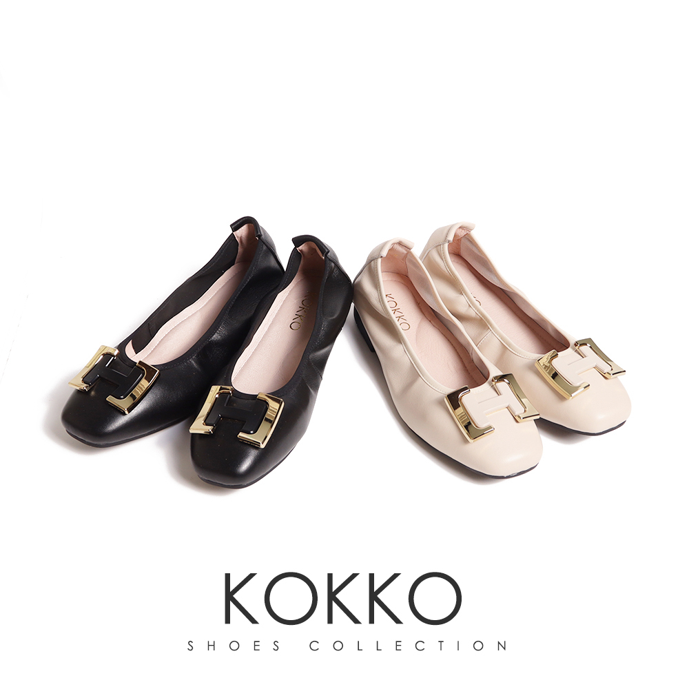 KOKKO微寬楦方頭H型金屬飾扣平底鞋