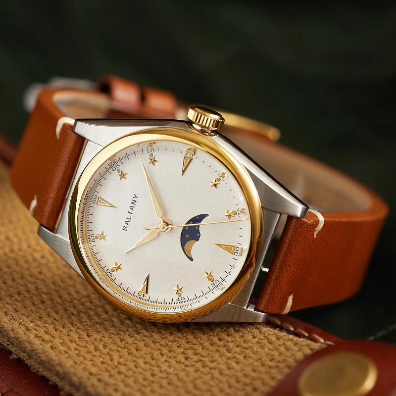 AF Store* BALTANY 復古月相腕錶 不鏽鋼 復古勞 超強夜光 石英手錶 真皮錶帶 半金錶殼 Miyota