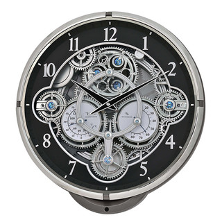 RHYTHM CLOCK日本麗聲亮銀框黑色鏤空齒輪溫度濕度整點報時音樂掛鐘4MH442WU08