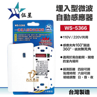 含稅 快速出貨 臺灣製 伍星 WS-5366 一連 埋入型 微波自動感應器 AC110/220V 指撥設計