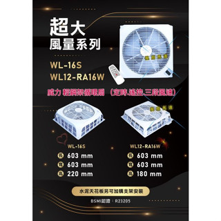 大風量循環扇 威力 18吋WL-RA16S(WL-16) 16S 超強風 天花板循環扇 天花板扇 節能扇輕鋼架專用電扇