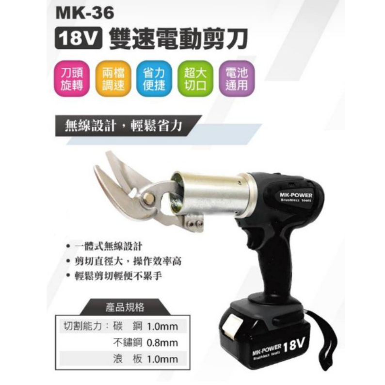 含稅 MK-36 18V 無刷雙速電動剪刀 鐵皮浪板剪 浪板剪 鐵皮剪 鐵板剪 鐵工專用 鋼板剪 MK-POWER