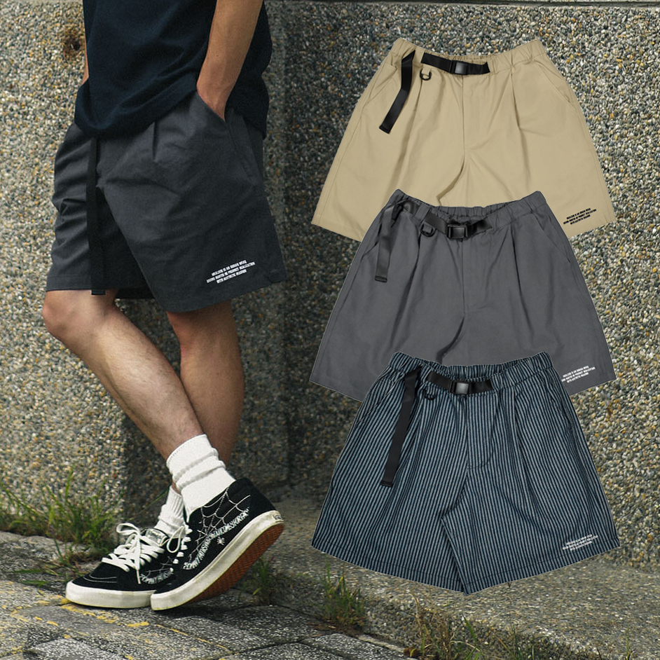 idealism Casual Shorts 丹寧直紋 沙色 灰色 刺繡標語 小標 腰帶短褲 男款【ID23023】