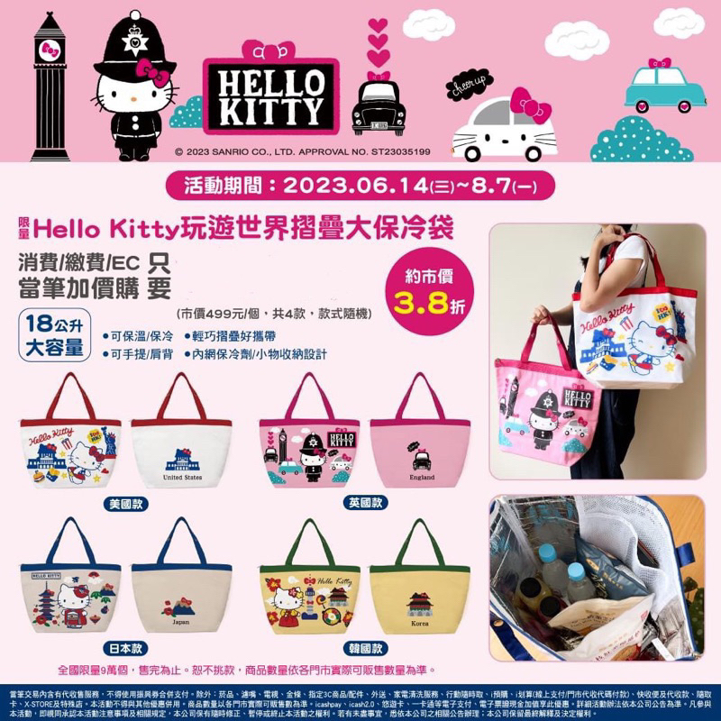 全套440元❤️（只賣現貨）7-11 限量 Hello Kitty玩遊世界18L摺疊大保冷袋 韓國 英國 日本 美國