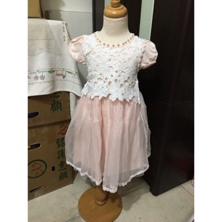 MIK網路品牌～粉橘色珍珠領蕾絲紗裙洋裝
